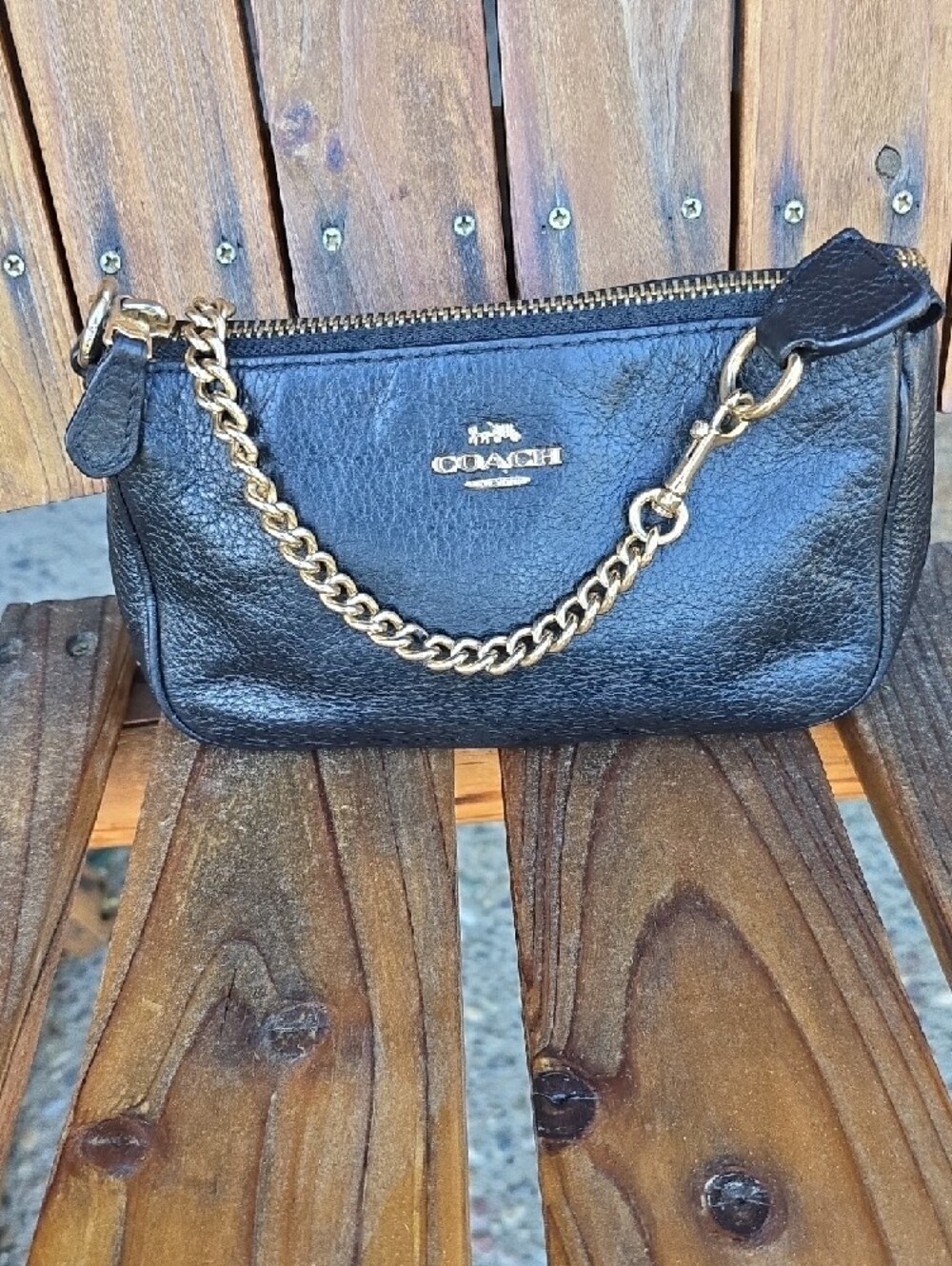 Coach Black Leather Mini Wristlet with Gold Chain - Picture 7 of 13